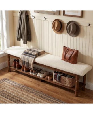 71" Solid Wood Bench with Boucle Cushion and Shelf