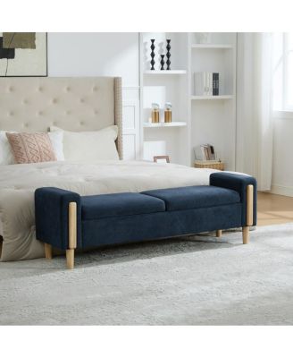 Modern Chenille Upholstered Storage Bench with Double Lids and Armrest