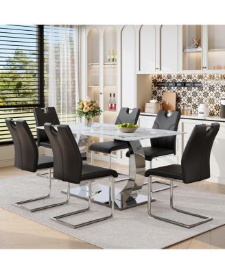 Switchable 63" Glass Dining Set: White Top, U-Shaped Armchairs