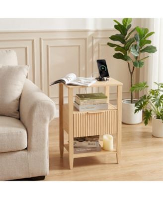 3-Tier Wooden Bedside Table With Usb-C and Power Outlet, Waterproof Tabletop, Rounded Corners, Slim Profile For Bedroom