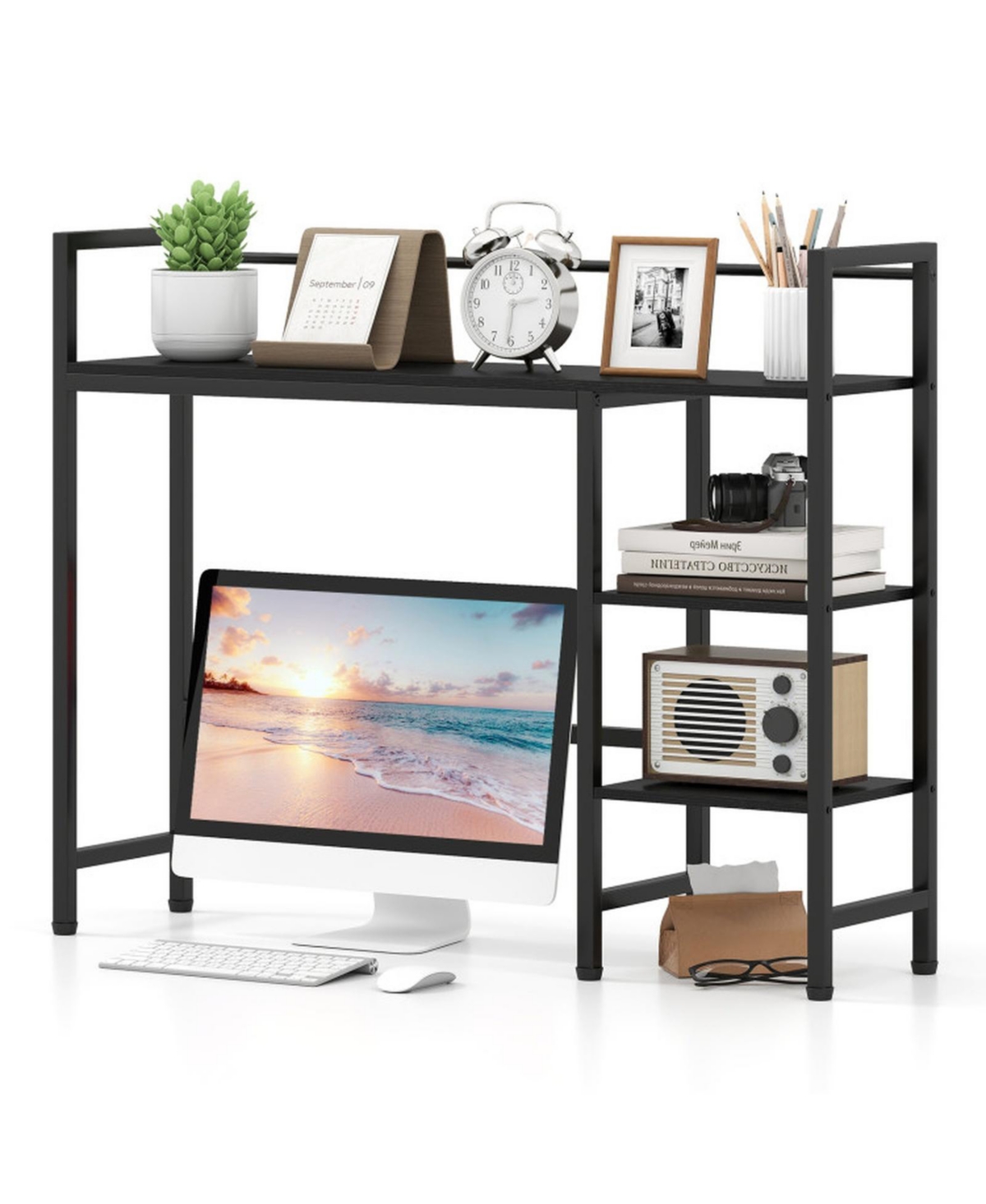 Gouun 38.5 Inch 4-Shelf Engineered Wood and Metal Reversible Desktop Bookshelf