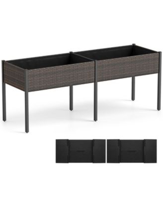 73 Inch Elevated PE Rattan Garden Bed with 2 Planters and Removable Liners