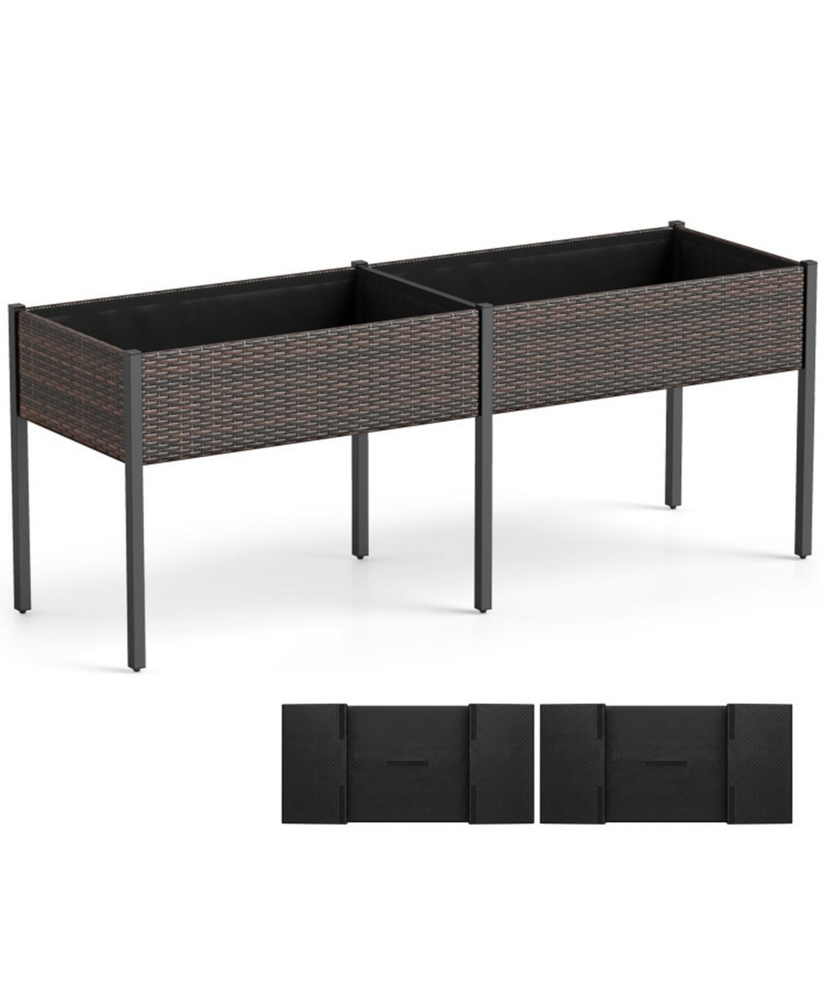 Gouun 73 Inch Elevated Pe Rattan Garden Bed with 2 Planters and Removable Liners