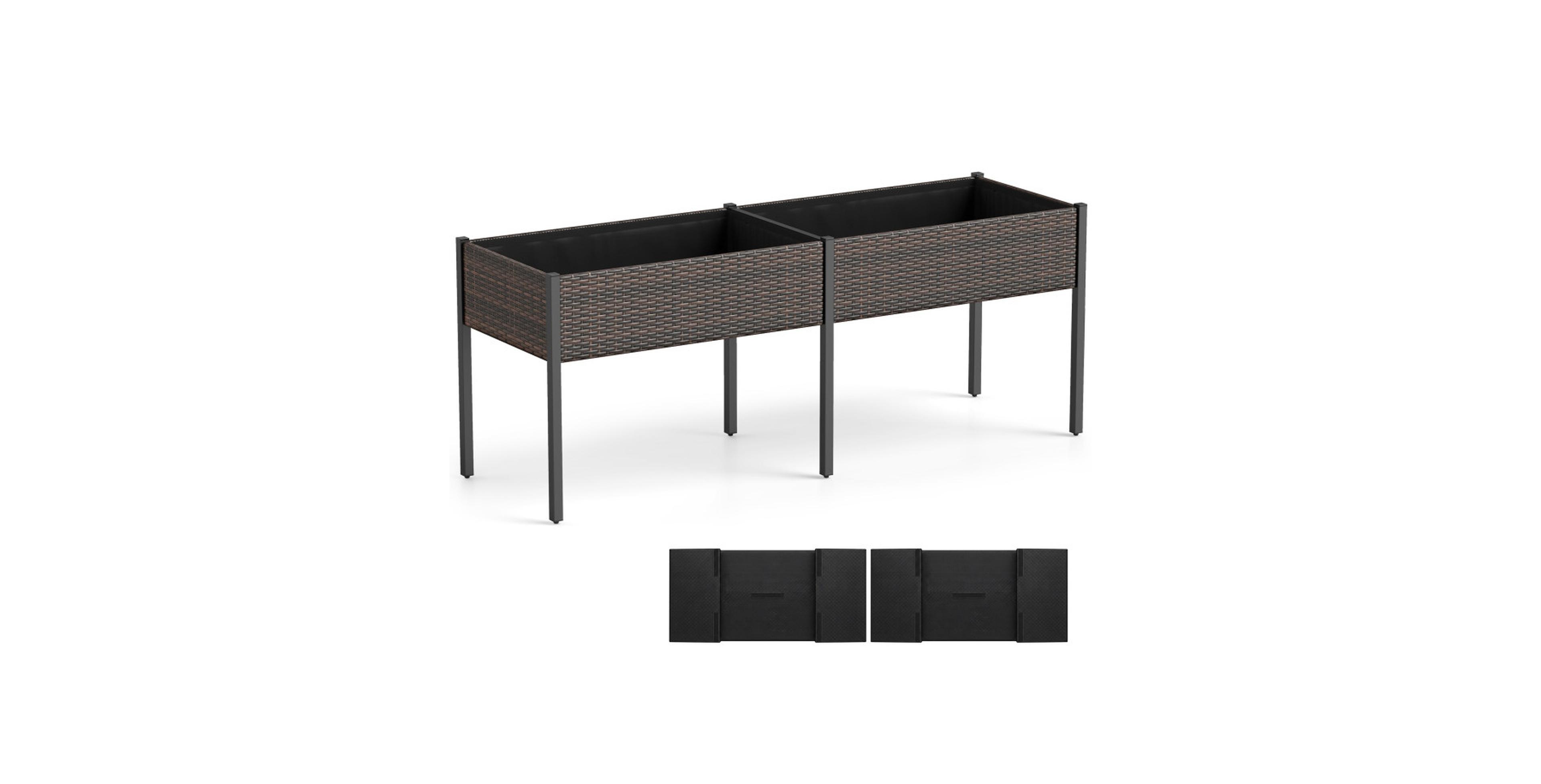 Gouun 73 Inch Elevated Pe Rattan Garden Bed with 2 Planters and Removable Liners