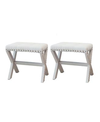 Tufted Linen Accent Stool with X-Base and Nailhead Trim