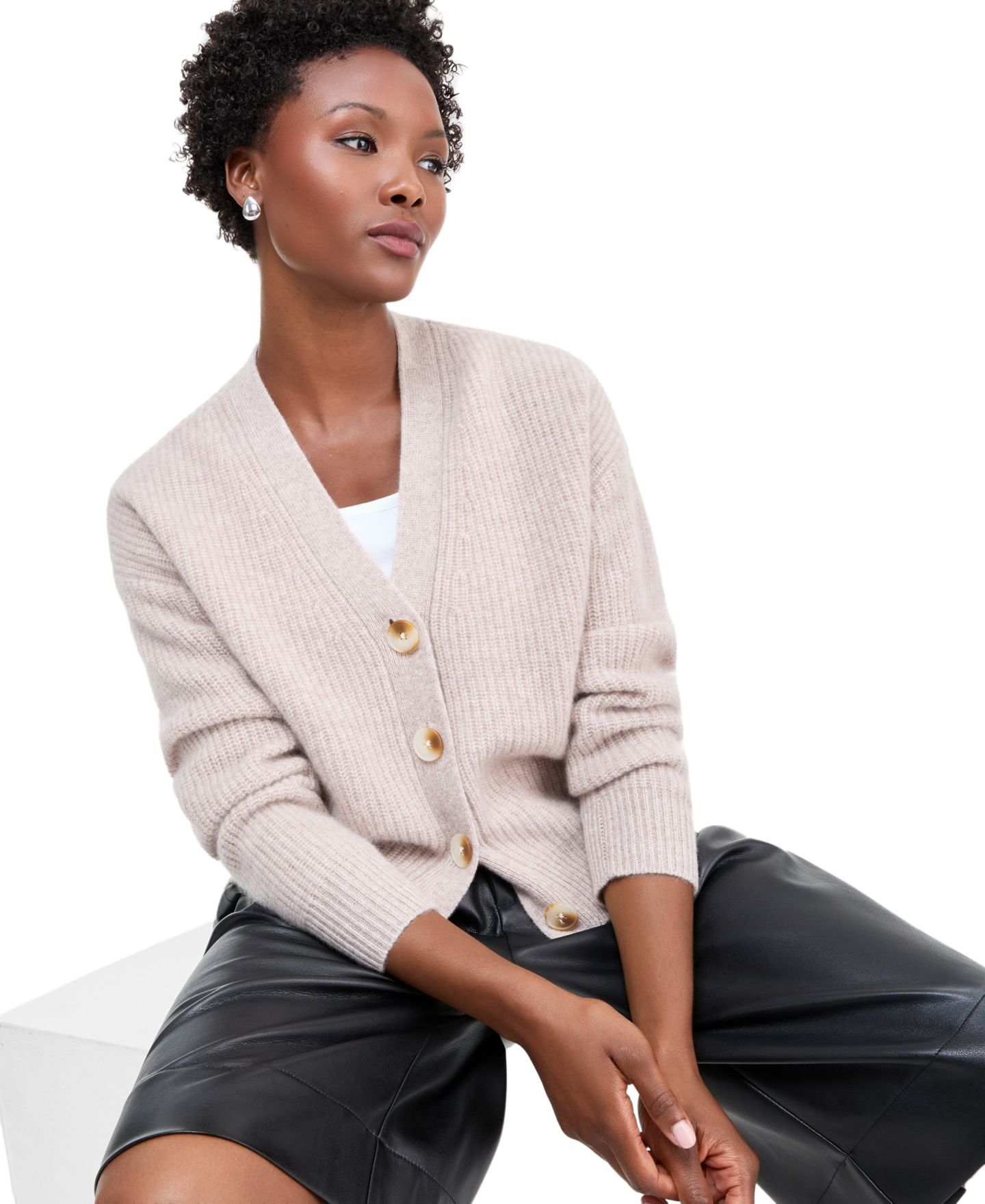 Женский кардиган Charter Club 100% Cashmere Shaker Stitch V-Neck Cardigan, цвет: Жемчужный серо-коричневый меланжевый — фото 1