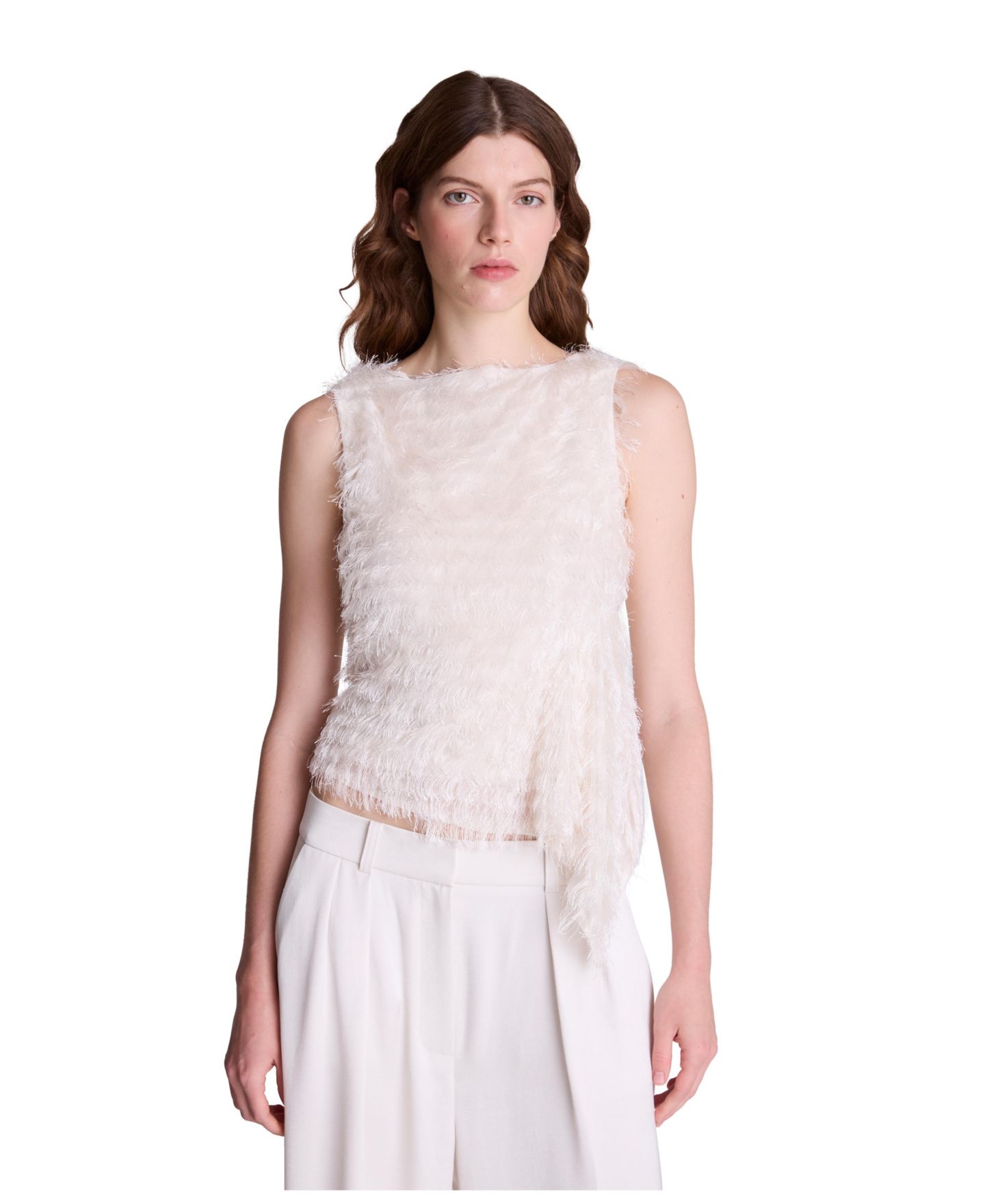 Женский свитер Kenneth Cole Fringe Knit Boat Neck Asymmetric Pullover, цвет: Устричный — фото 1