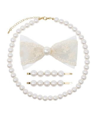 Kids Imitation Pearl Lace Bow Necklace & Hair Clip, 4-Piece Set