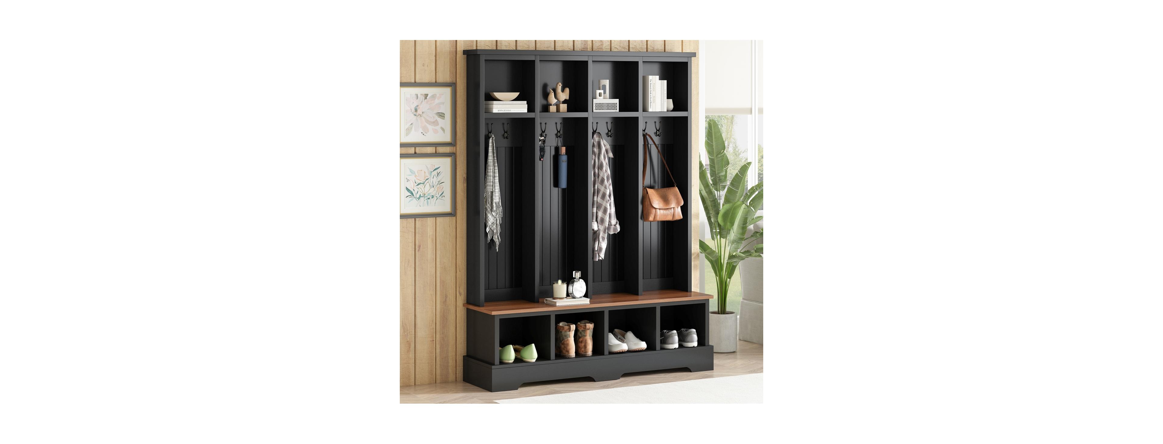 Streamdale Furniture Farmhouse Hall Tree with Bench and 8 Hooks, 76.7"H Coat and Shoe Rack