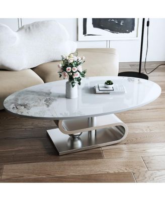49.2" Faux Marble Oval Coffee Table with Stainless Steel Base