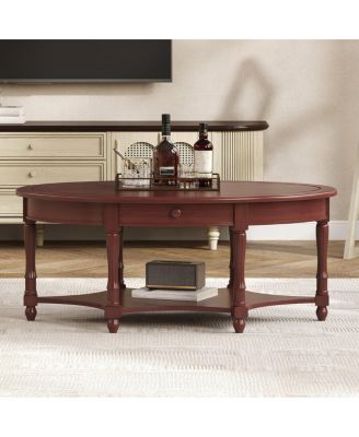 Vintage Oval Coffee Table with Drawer and Storage Shelf