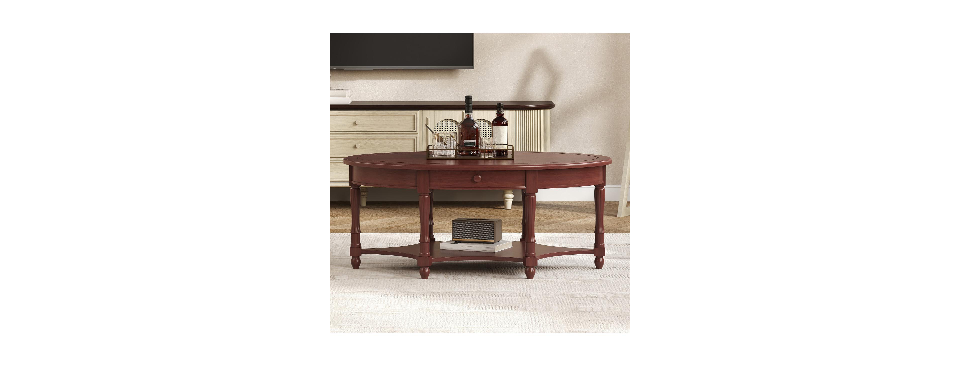Streamdale Furniture Vintage Oval Coffee Table with Drawer and Storage Shelf