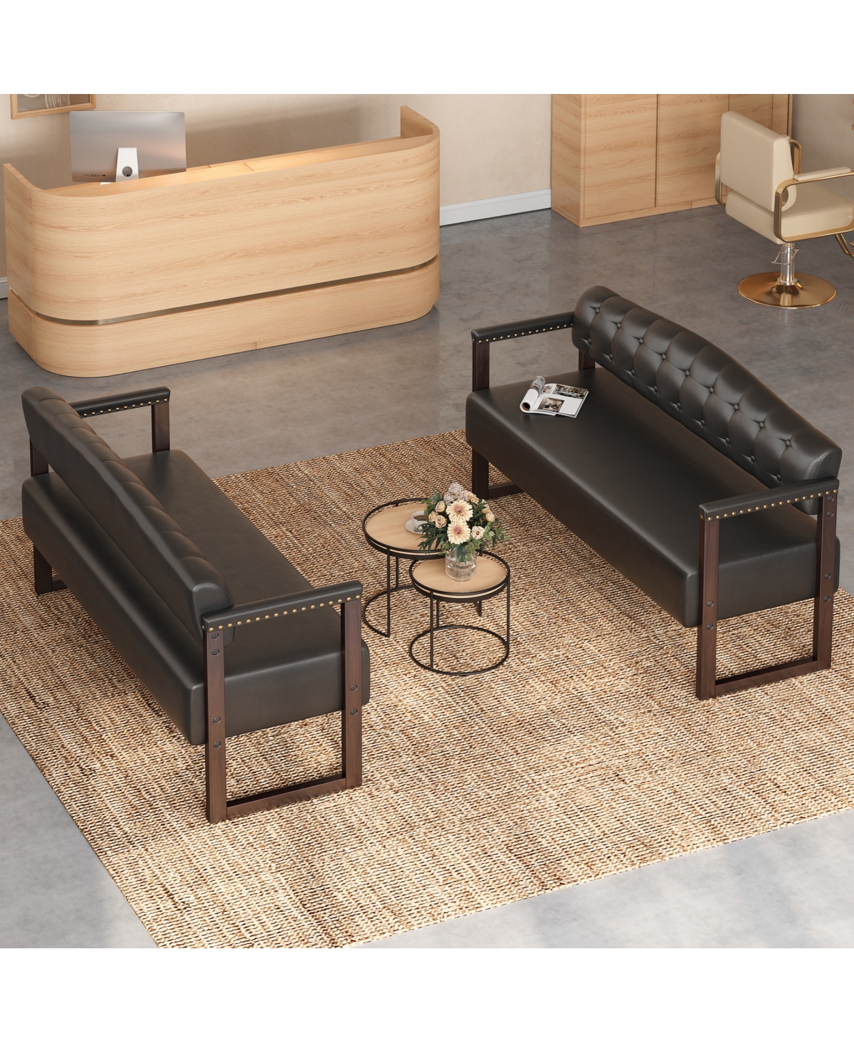 Streamdale Furniture 2 Piece Mid Century Modern Pu Leather Waiting Room Bench Set - Black