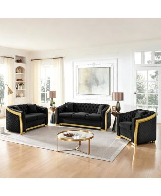 3-Piece Mid-Century Modern Velvet Chesterfield Living Room Set