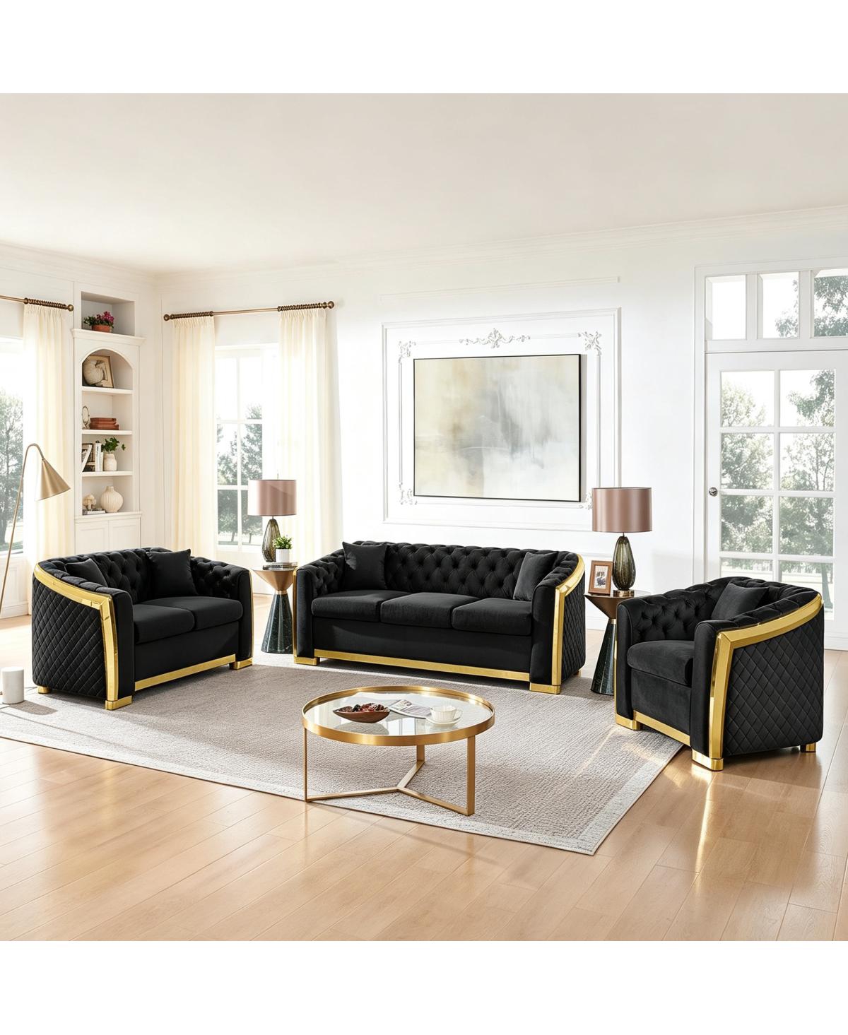 Streamdale Furniture 3-Piece Mid-Century Modern Velvet Chesterfield Living Room Set - Black