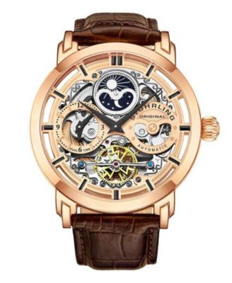 Men's Automatic Skeleton Dual-Time Leather Watch, 47mm