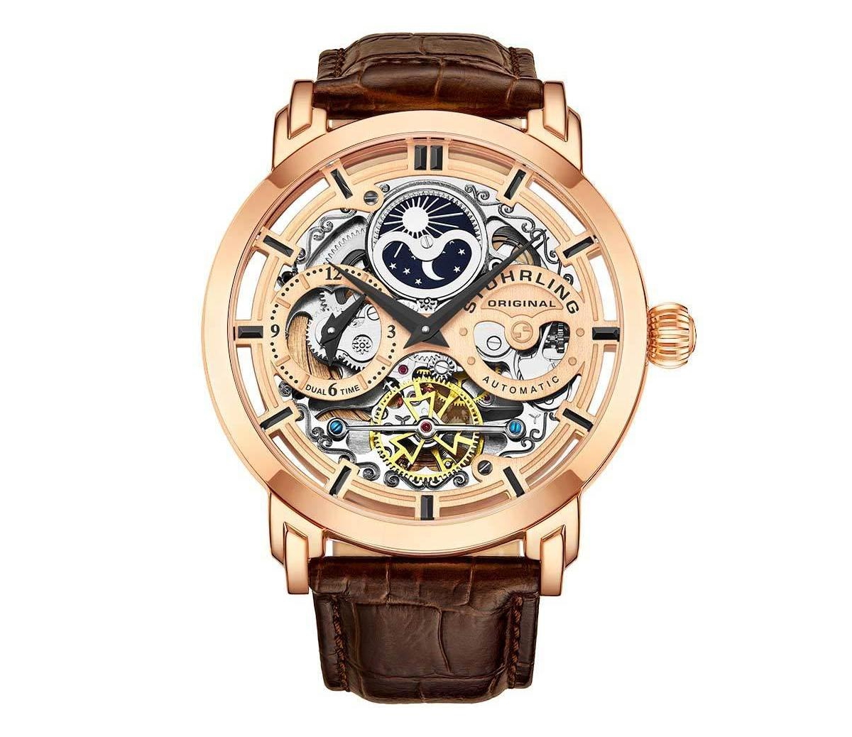 Stuhrling Men's Automatic Skeleton Dual-Time Leather Watch, 47mm