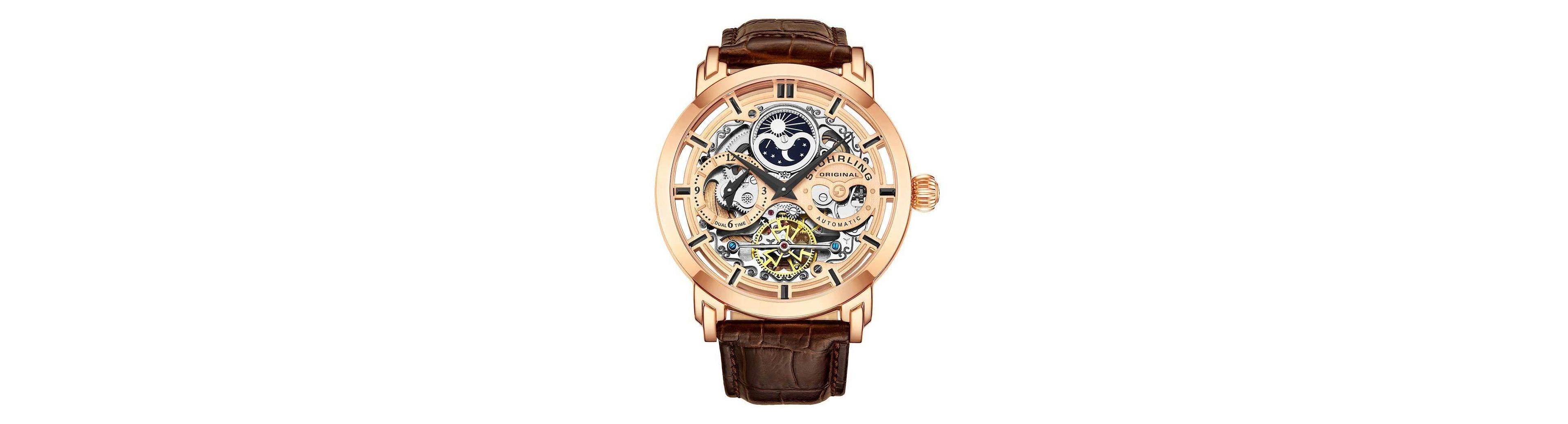 Stuhrling Men's Automatic Skeleton Dual-Time Leather Watch, 47mm