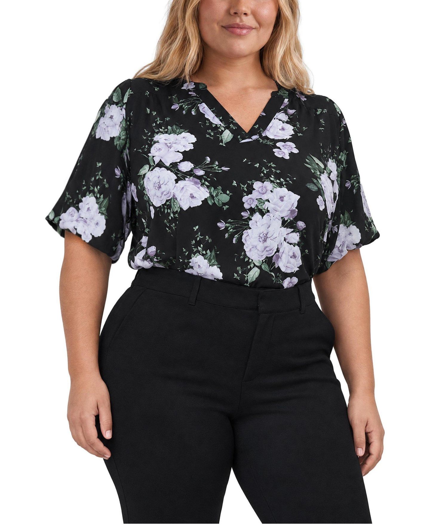 Женская блузка Torrid Plus Size Harper Floral-Print Puff-Sleeve, цвет: С принтом чёрный — фото 2