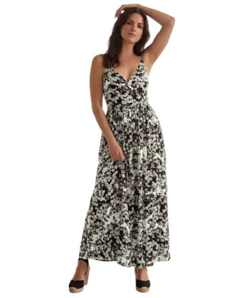 Женское платье ellos Stretch Jersey Knit Surplice Bodice Maxi Tank Dress, цвет: Чёрный белый с принтом