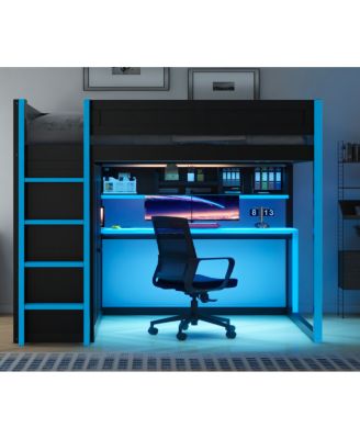Full Size Loft Bed with Wardrobe, Desk, LED Lights and Storage
