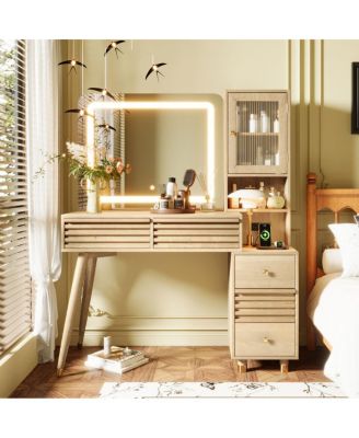 45.9" Vanity Desk with Mirror, Lights, 5 Drawers and Power Outlet, Natural