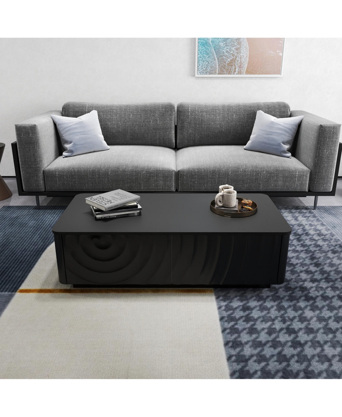 Clihome 47" Rectangle Coffee Table, Wave Texture Center Table with 2 Drawers for Living Room