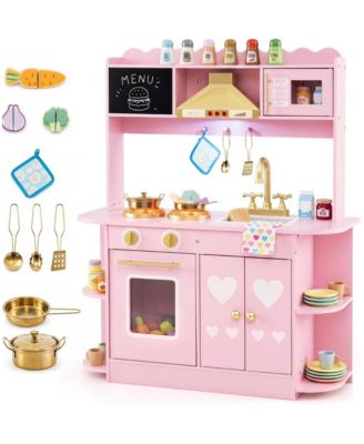 Lights and Sound Effects Wooden Play Kitchen with Cookware Set, Ages 3+