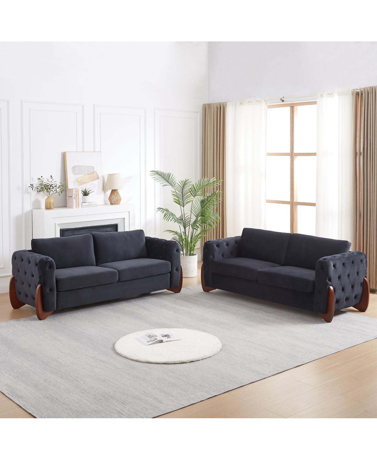 Streamdale Furniture 84" Classic Velvet Button-Tufted Sofa with Curved Legs (2-Piece Set - Black
