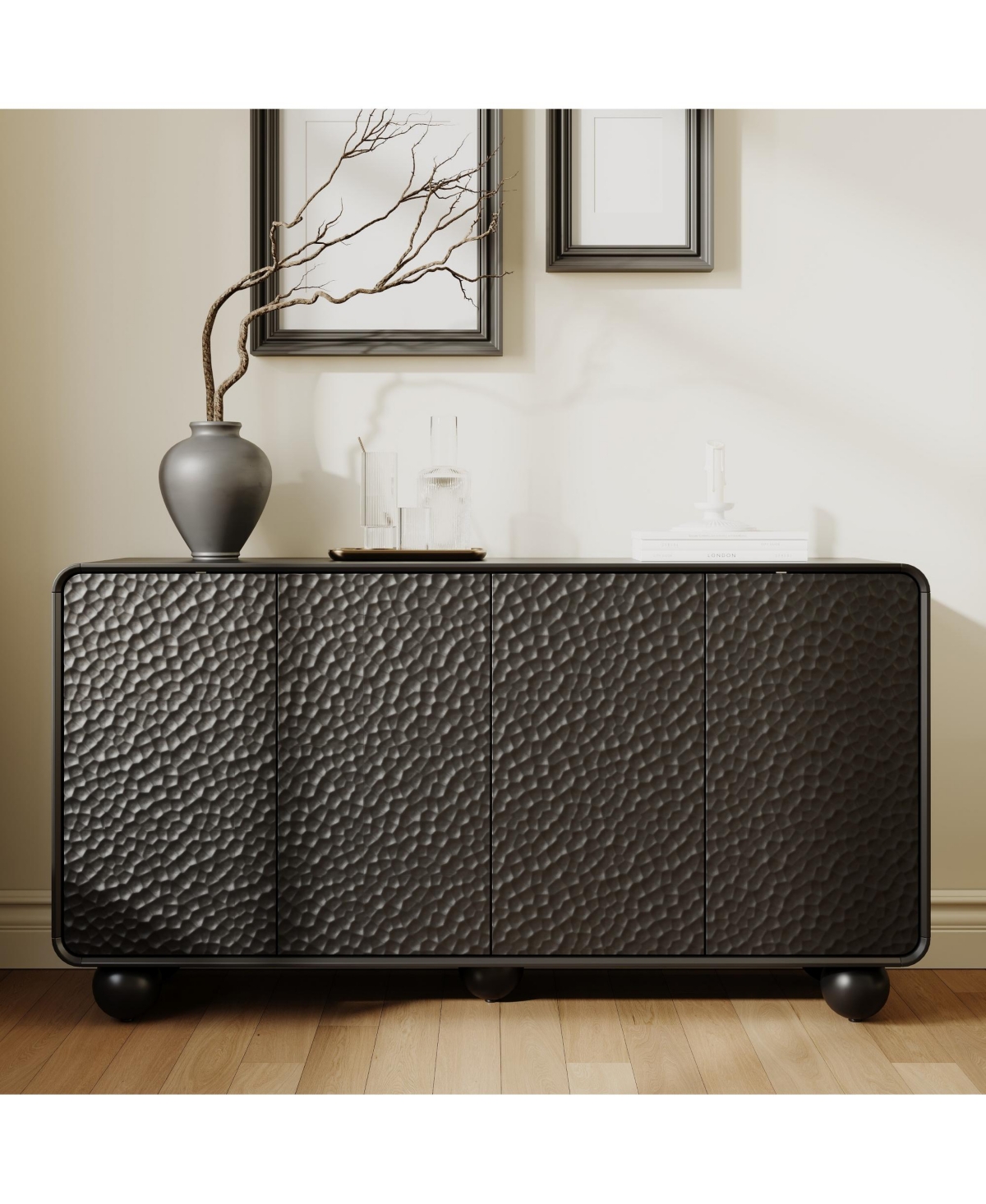 Clihome 59" Modern Sideboard Buffet, Curved Credenza with Honeycomb Textured Doors for Living Dining Room