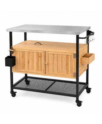 Grill Cart with Storage Cabinet, Fir Wood and Iron Outdoor BBQ Prep Station, Two-Door Kitchen Island for Patio, Backyard and Poolside,Table
