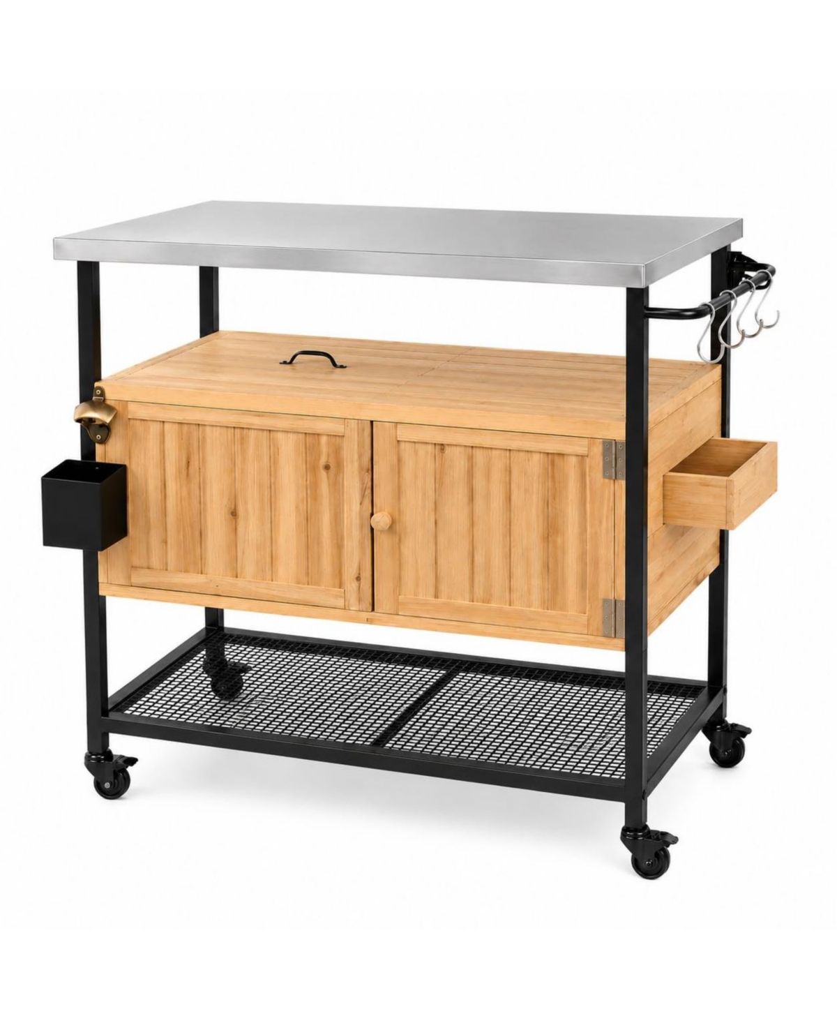 Grill Cart with Storage Cabinet, Fir Wood and Iron Outdoor Bbq Prep Station, Two-Door Kitchen Island for Patio, Backyard and Poolside,Table - Beige/Kh