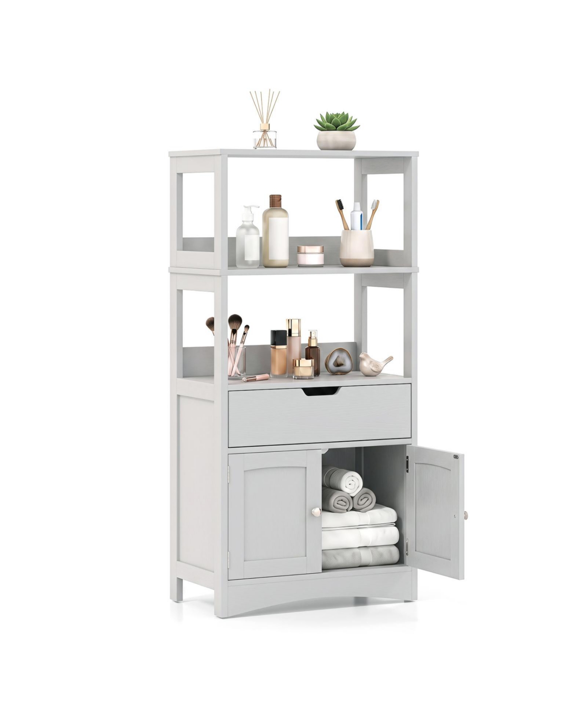 Volenca 48-Inch Engineered Wood Bathroom Storage Cabinet with 3 Open Shelves and Drawer, Freestanding Organizer - Gray