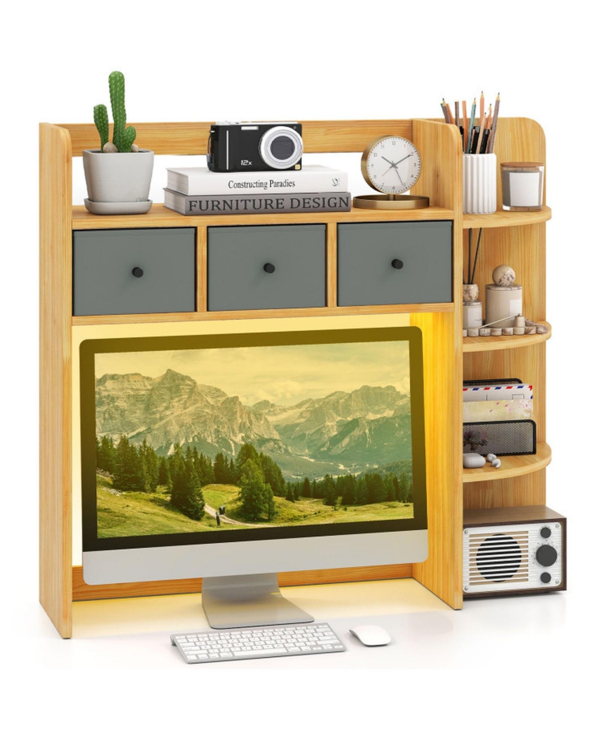 Gouun 5-Tier Desktop Bookshelf with Led Lighting and 3 Removable Fabric Drawers - Brown