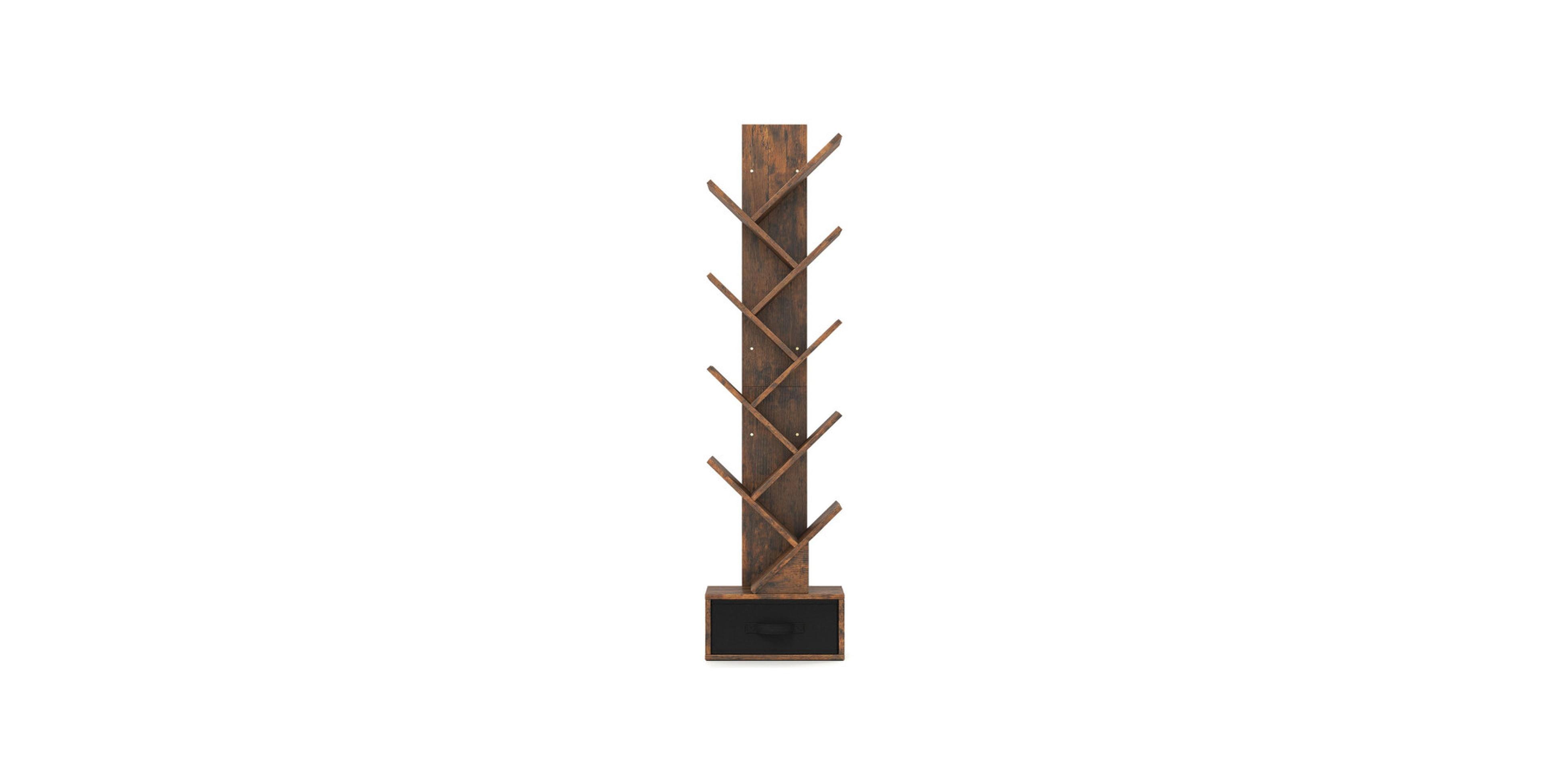 Gouun 10-Tier Tree Bookshelf with Collapsible Drawer and Triangle Support
