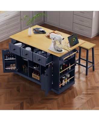 53" Large Kitchen Island with Drop Leaf and Power Outlet