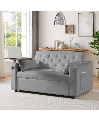  Grey Velvet Sleeper Sofa Bed with Side Table , Cup Holder , USB Port