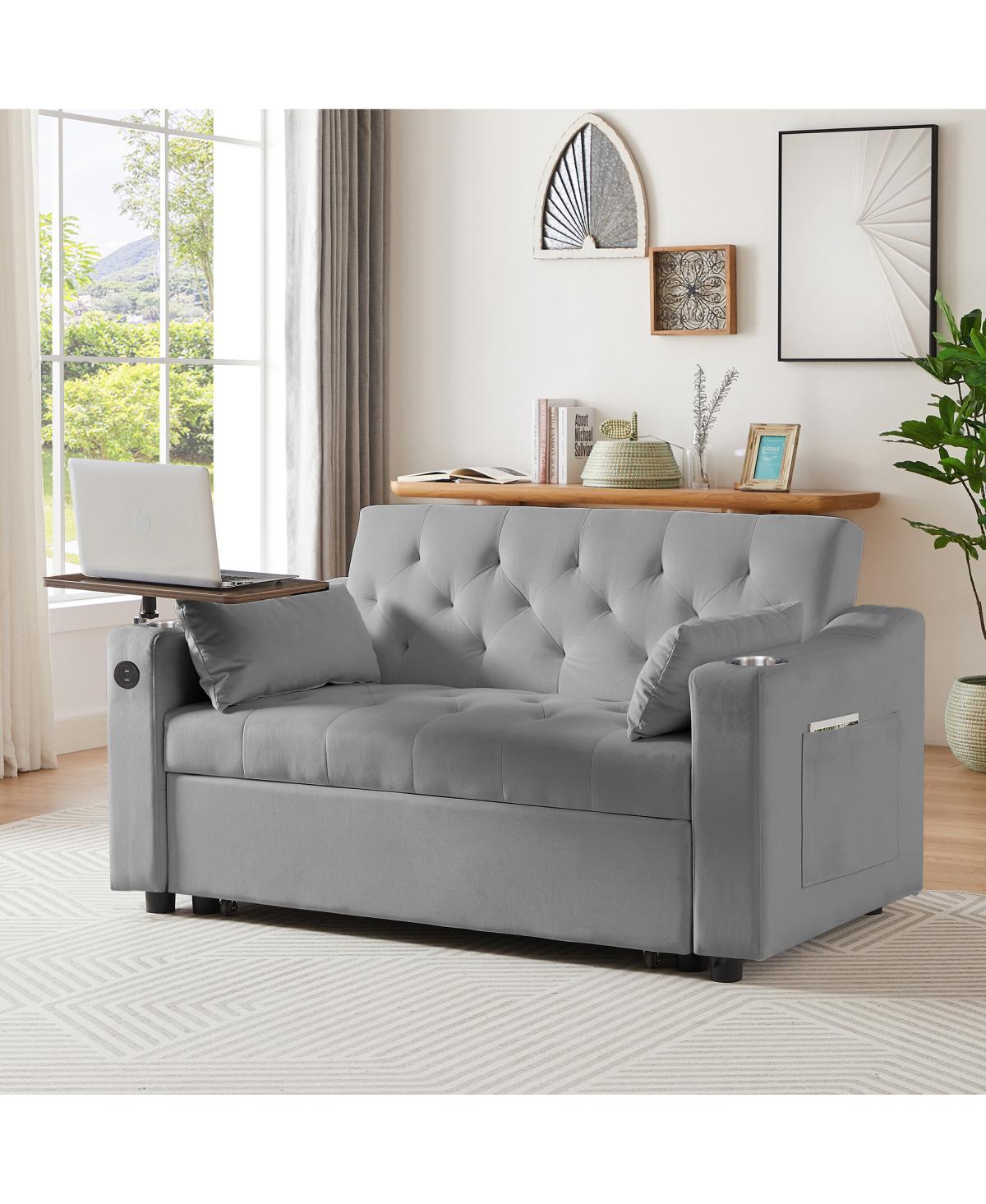 Streamdale Furniture Grey Velvet Sleeper Sofa Bed with Side Table , Cup Holder , Usb Port