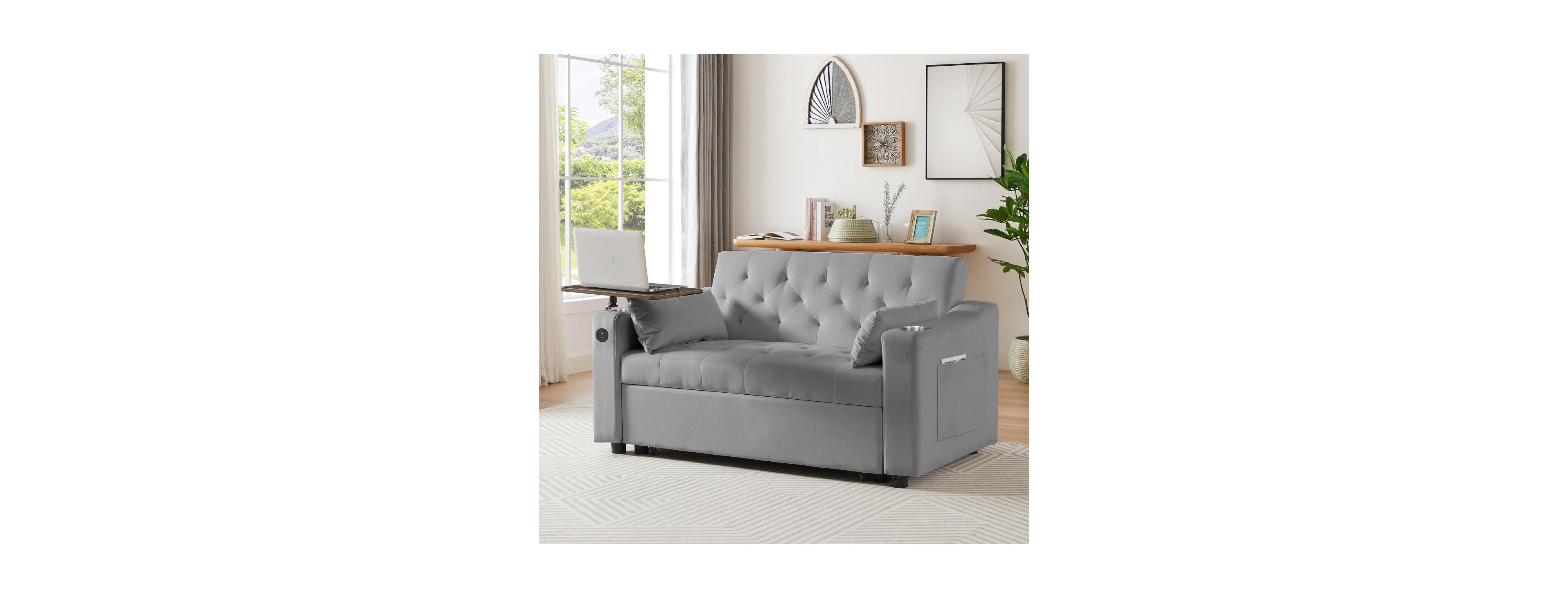 Streamdale Furniture Grey Velvet Sleeper Sofa Bed with Side Table , Cup Holder , Usb Port