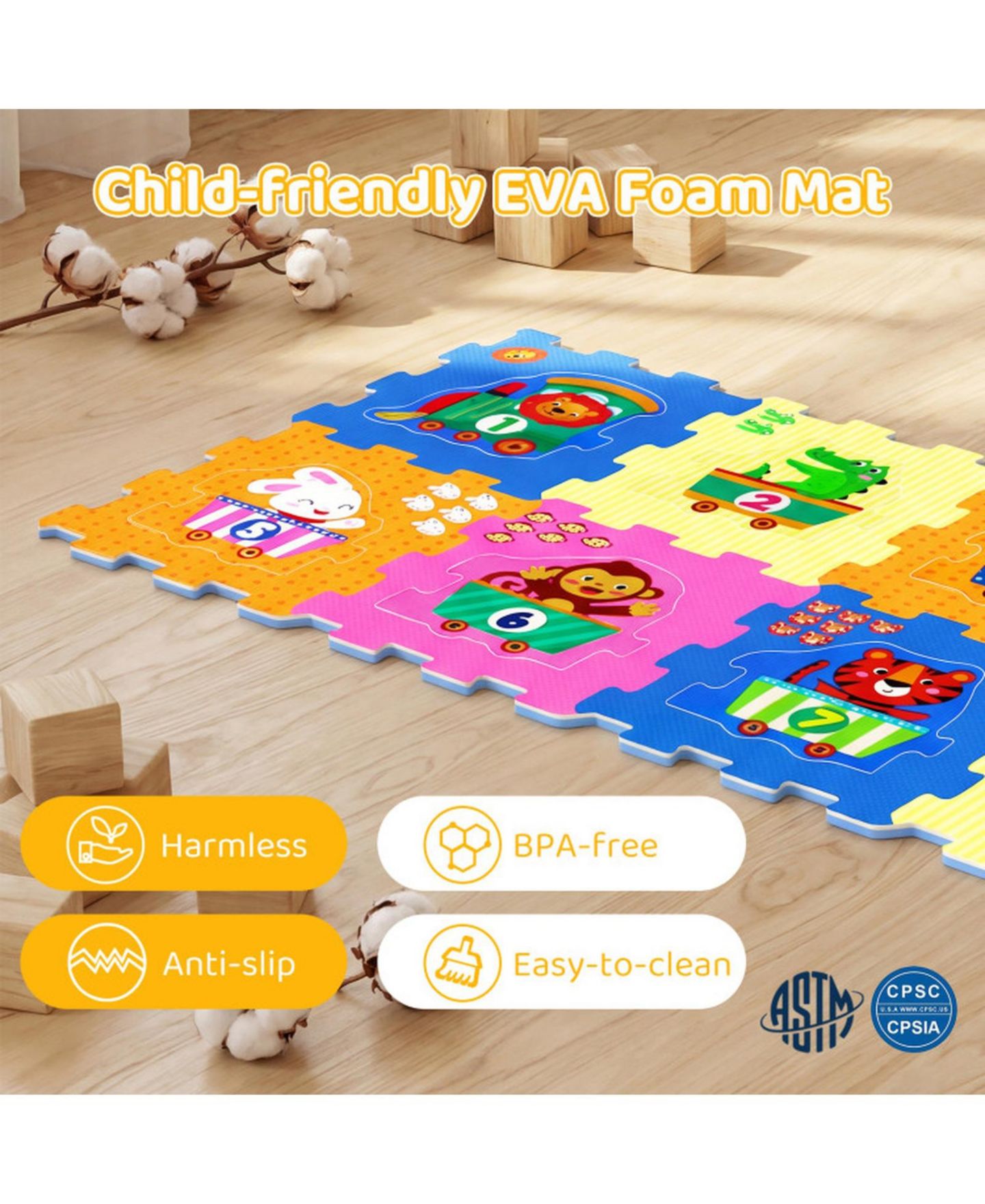 Детские игрушки HONGGE 8-Piece Interlocking Foam Puzzle Tiles with Animals, Ages 10 Months+, цвет: Оранжевый — фото 6