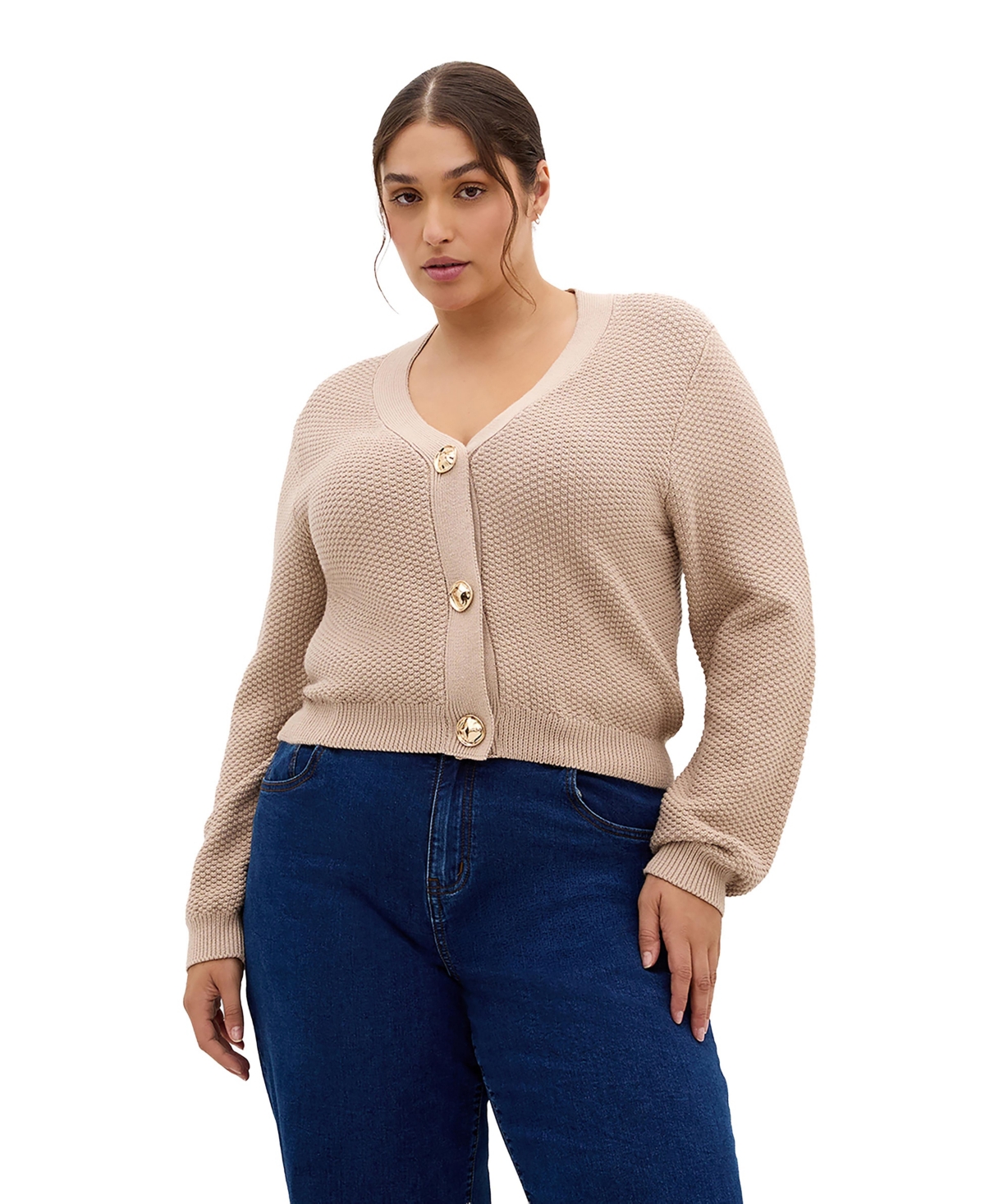 City Chic Plus Size Bella V-Neck Long-Sleeve Textured-Knit Cardigan - Neutral