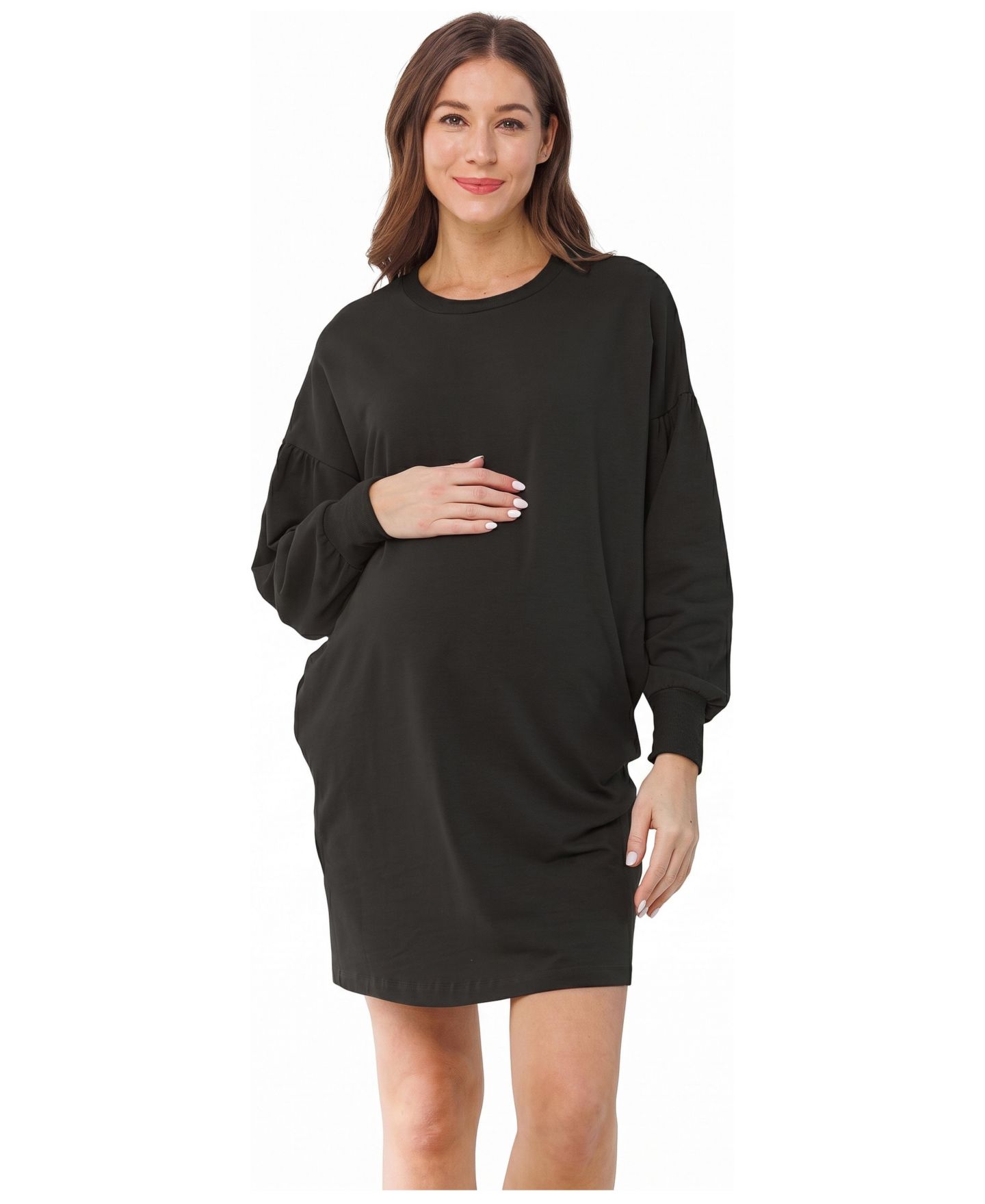 Женское платье Hello Miz Maternity Crewneck Cotton-Blend Balloon-Sleeve Sweater Dress with Pockets, цвет: Чёрный — фото 1