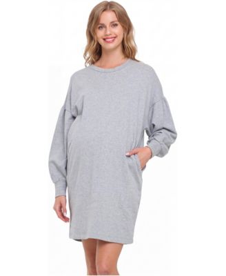 Maternity Crewneck Cotton-Blend Balloon-Sleeve Sweater Dress with Pockets