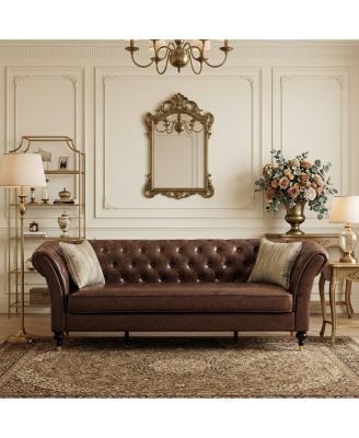 88.5" Cognac Tufted Chesterfield Faux Leather Sofa