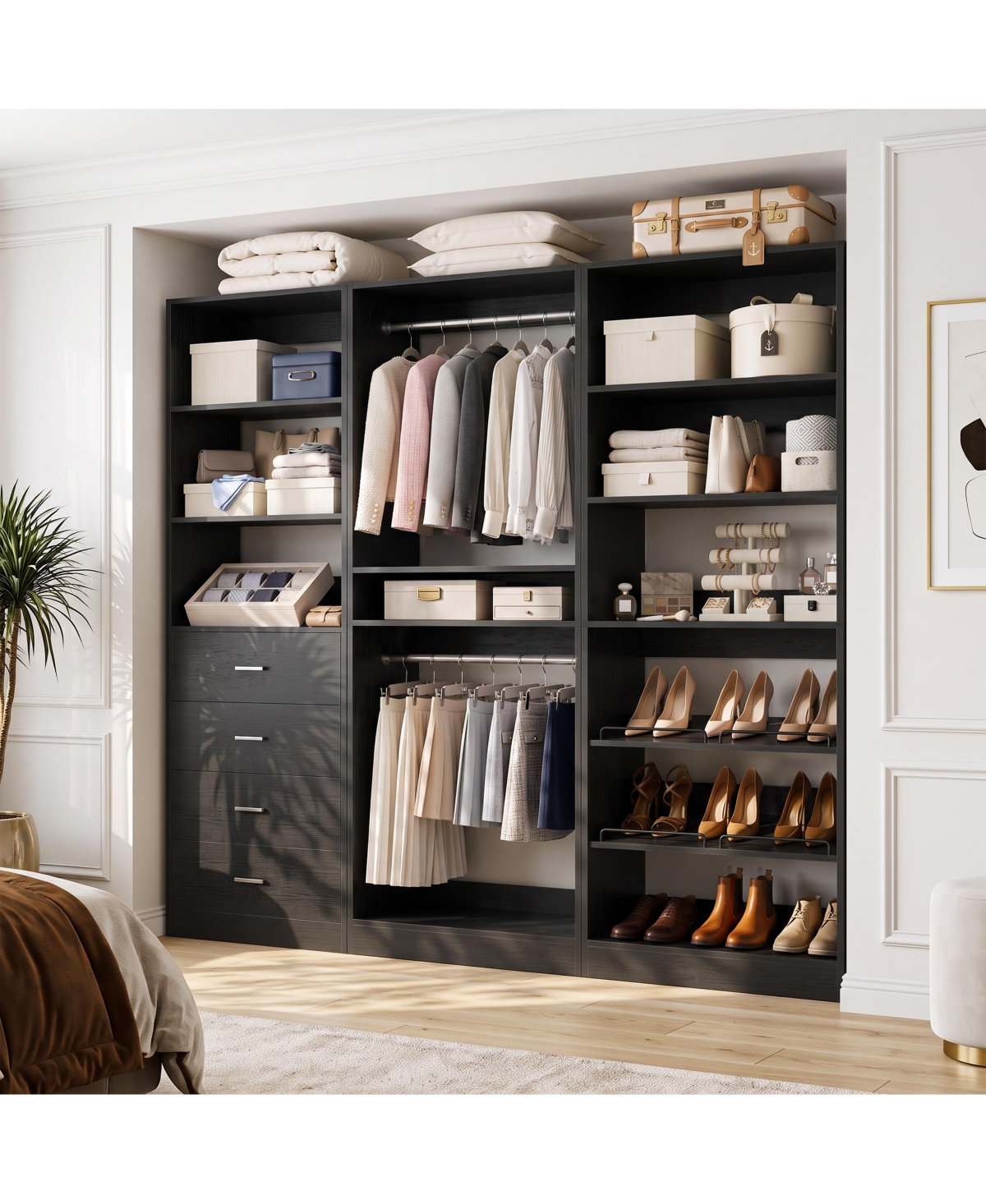 Aheaplus Closet Organizer System with 10-Shelves and 4-Drawers Shoes Storage Set - Black