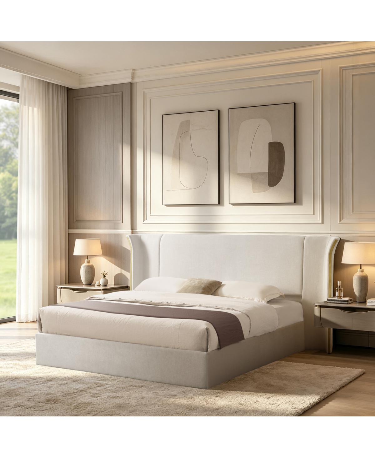 Streamdale Furniture Queen Size Chenille Wingback Upholstered Bed Frame with Padded Headboard