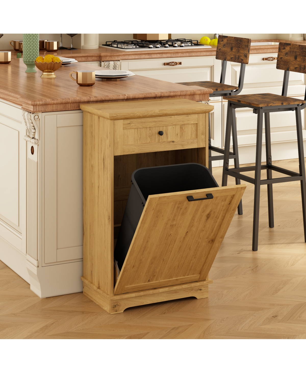 Streamdale Furniture 10 Gallon Tilt-Out Wood Trash Cabinet with Drawer