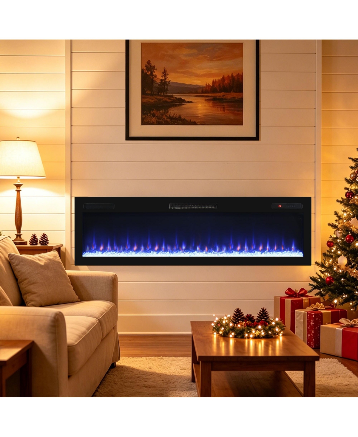 Mondawe 62-Inch Ultra-Thin Recessed or Wall-Mounted Electric Fireplace with 16 Flame Colors