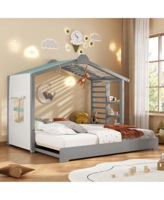Twin Size House Bed with Twin Size Trundle and Side Shelves
