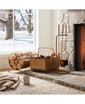 Modern 3-Piece Fireplace Tool Set with Log Rack and Storage Bucket